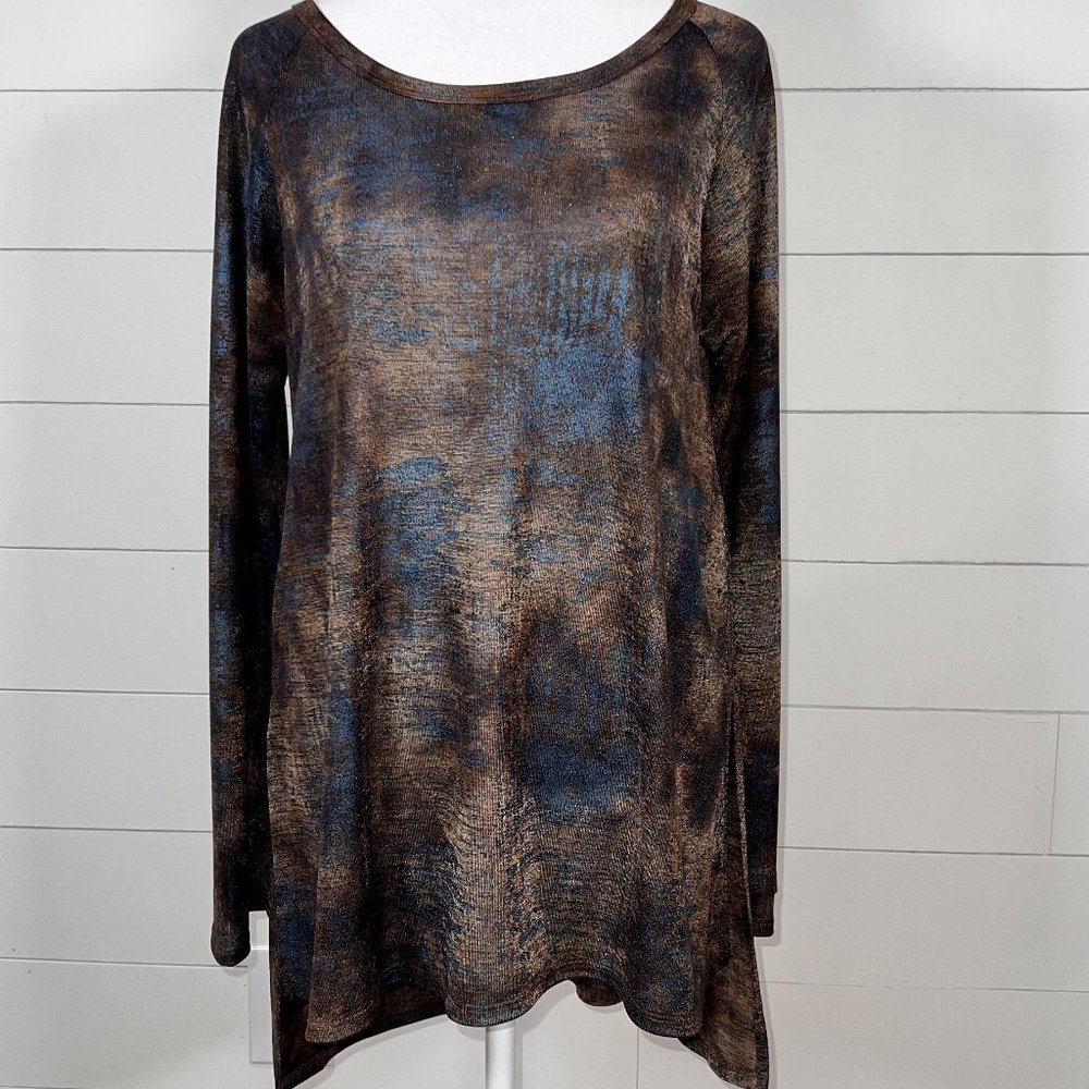 Karen Kane Brown & Blue Long Sleeve Semi Sheer Tunic Blouse Size M
